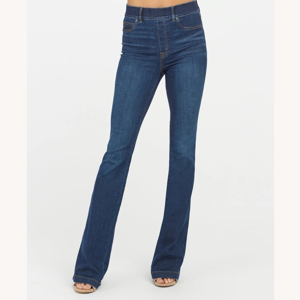 Spanx Size Large Midnight Shade Flare Wide Leg Jeans Pull On Stretch Comfort